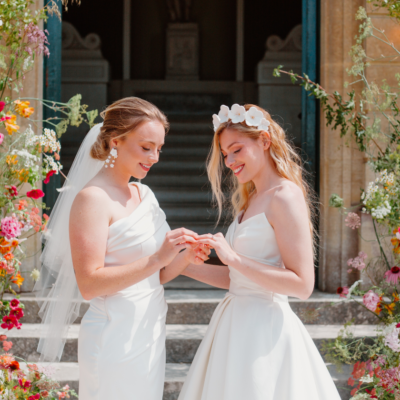 Two brides getting married and placing a ring on the others finger