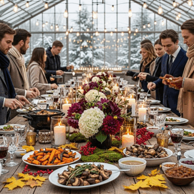 A long wooden table set for a festive winter meal inside a glasshouse, surrounded by people dressed in elegant winter attire with scarves and gloves. The table is decorated with candles, flowers, and autumn leaves, and laden with dishes including roasted vegetables, bread, and wine. Snow-covered trees are visible outside through the glass walls.