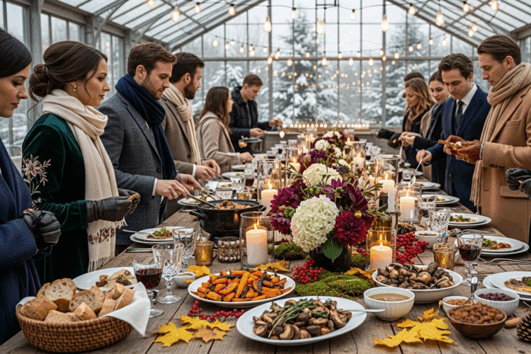 A long wooden table set for a festive winter meal inside a glasshouse, surrounded by people dressed in elegant winter attire with scarves and gloves. The table is decorated with candles, flowers, and autumn leaves, and laden with dishes including roasted vegetables, bread, and wine. Snow-covered trees are visible outside through the glass walls.