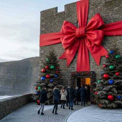 Festively decorated stone building on a coastal cliffside, wrapped in a giant red bow with large Christmas trees adorned with colourful baubles at the entrance, as people walk inside for a holiday event.