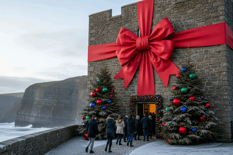 Festively decorated stone building on a coastal cliffside, wrapped in a giant red bow with large Christmas trees adorned with colourful baubles at the entrance, as people walk inside for a holiday event.