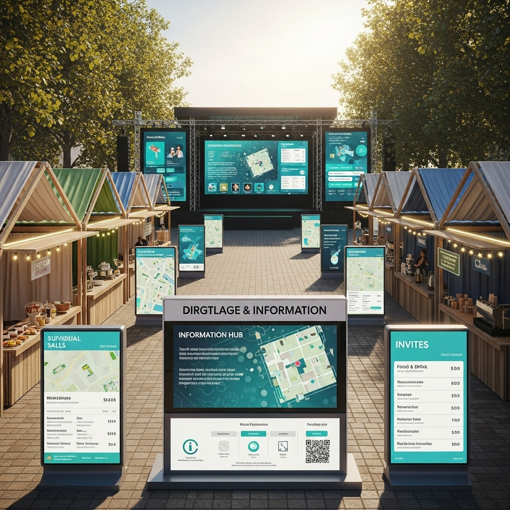 Outdoor market scene with rows of wooden stalls on either side, each topped with blue or green roofs and selling various goods. In the centre is a large "Dirtlage & Information" hub displaying maps and event details on screens. Multiple digital signboards with maps, schedules, and pricing are placed throughout the market. At the far end, a large stage with a massive screen shows event information. The market is set under sunny skies with leafy trees providing shade.