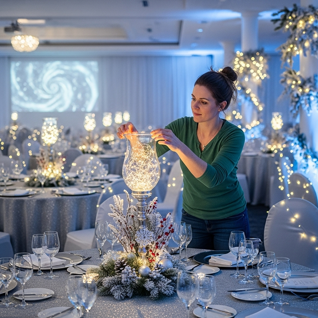 A woman decorates an elegant event space, adjusting a tall glass centerpiece filled with twinkling fairy lights on a round table set with fine dinnerware and glassware. The room is adorned with winter-themed decorations, including frosted greenery, berries, and soft white lighting, creating a festive and sophisticated atmosphere.