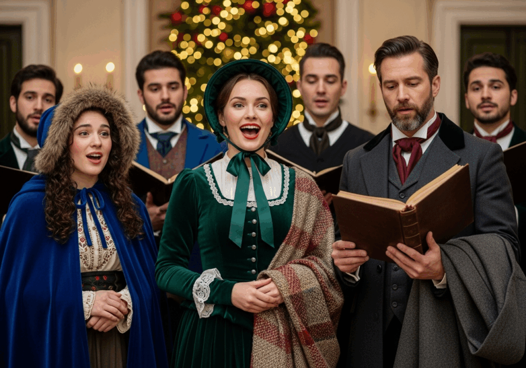 A group of Victorian-dressed Christmas carol singers performing indoors in front of a decorated Christmas tree. The singers, both men and women, are holding songbooks and wearing festive period costumes including cloaks, bonnets, and cravats. The warm lighting and elegant setting add to the traditional, festive atmosphere.