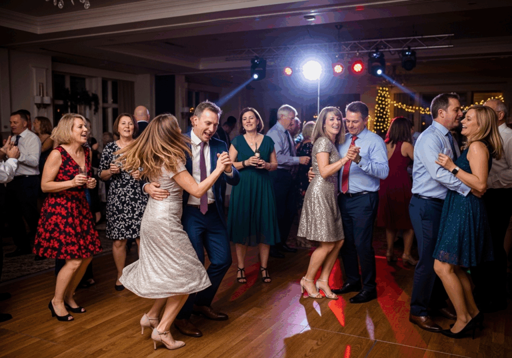 A lively indoor party scene with several well-dressed couples dancing joyfully on a wooden floor under colorful stage lighting. The atmosphere is festive, with people smiling, chatting, and enjoying the music. String lights and DJ equipment are visible in the background, adding to the celebratory ambiance.