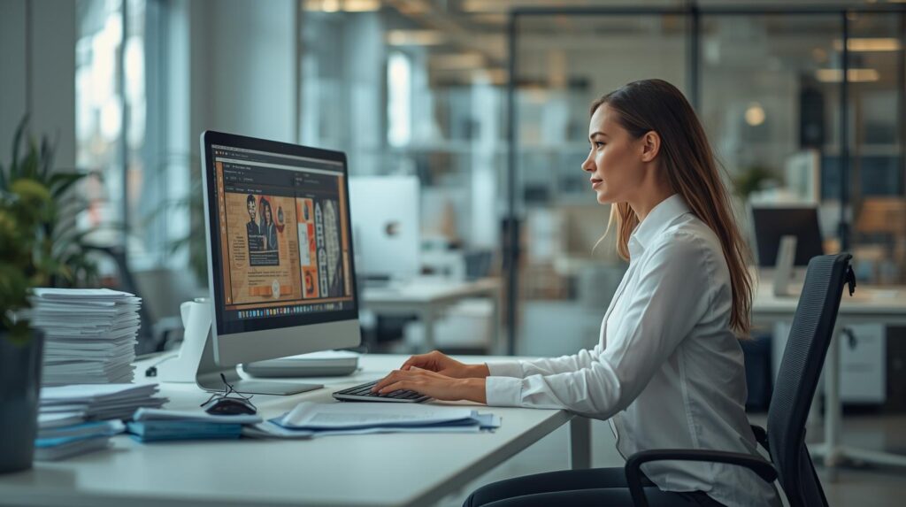 A hyper-realistic, medium shot of a focused woman working diligently at a modern, uncluttered desk in a well-lit office environment. Two crisp computer monitors display inviting and colorful content, casting a gentle glow on her face. A few neatly arranged stacks of paperwork rest on the desk, adding a touch of realism to the scene. The scene is captured with a shallow depth of field, emphasizing her concentration and the contemporary workspace. The overall aesthetic is professional, friendly, and serene, bathed in natural daylight.