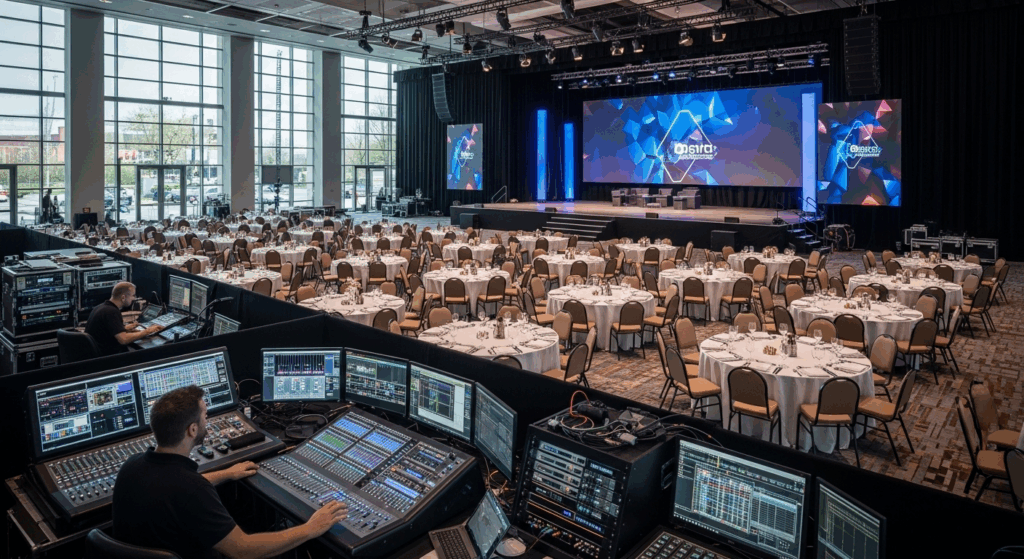 Technicians operate sound and lighting equipment at a large corporate event venue set up with round banquet tables and a main stage featuring LED screens and branding.