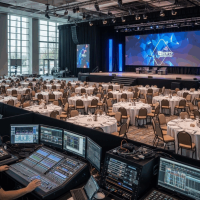 Technicians operate sound and lighting equipment at a large corporate event venue set up with round banquet tables and a main stage featuring LED screens and branding.