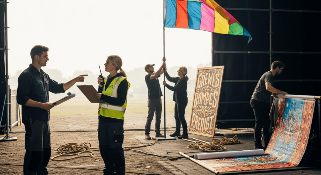 Event crew setting up a festival stage, with one person in a high-visibility vest coordinating using a radio, while others raise a colourful flag and prepare large decorative banners.