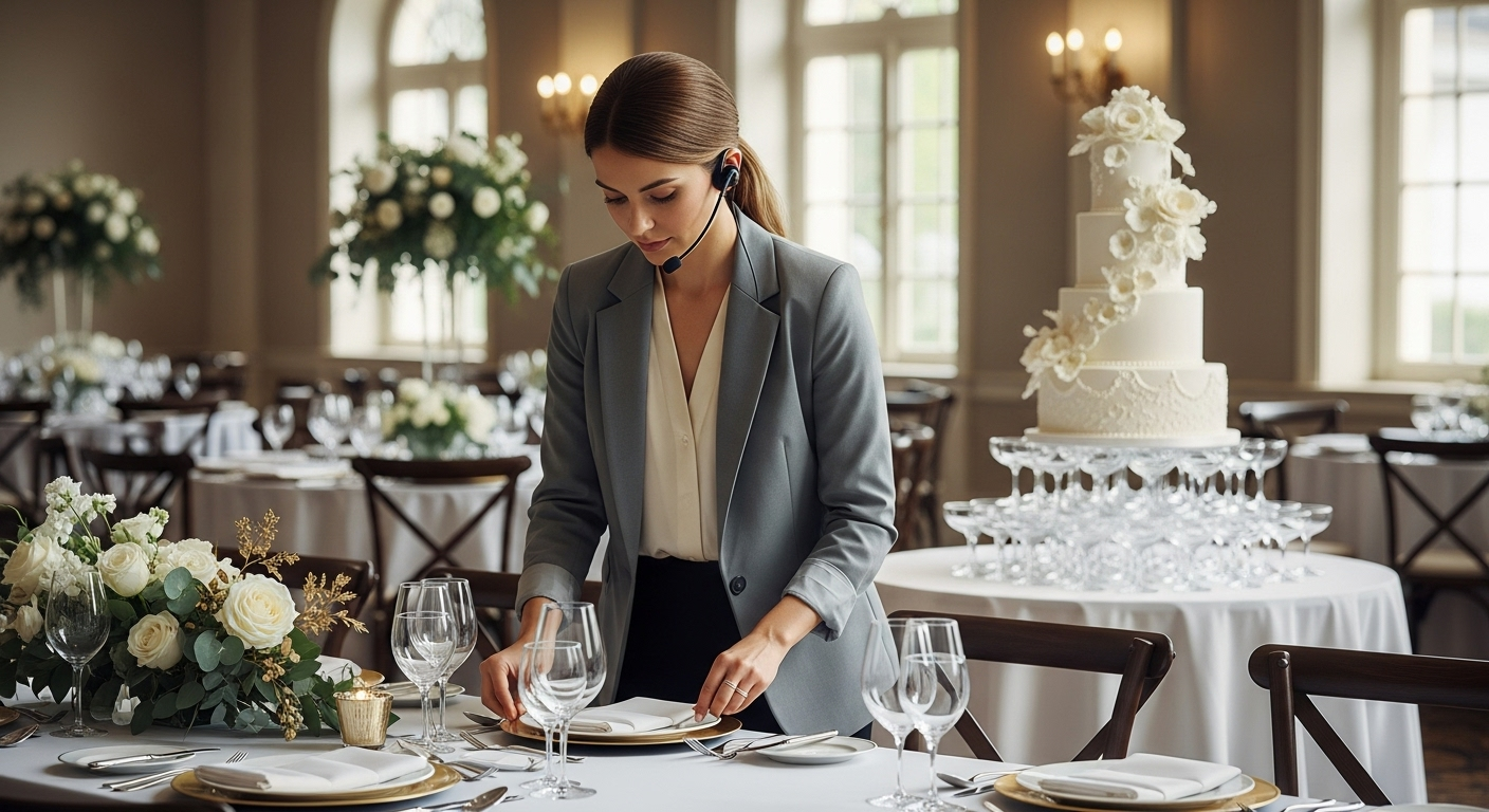 A wedding planner wearing a headset carefully setting a table in an elegant reception room, with a tiered white wedding cake and floral centrepieces in the background.