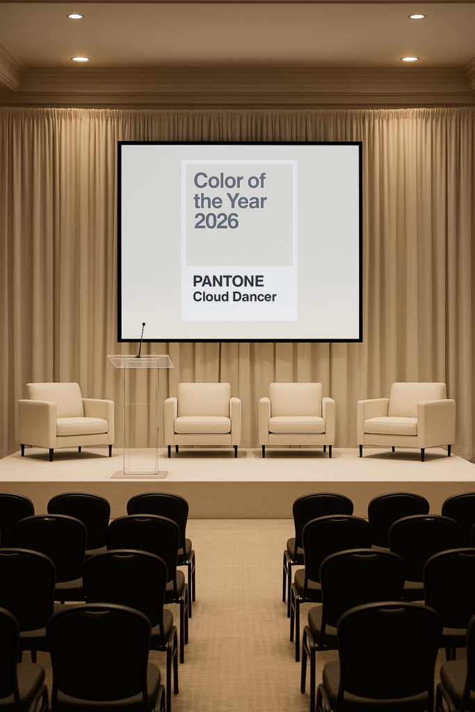 Corporate stage setup with 4 armchairs with Cloud Dancer draping and soft lighting. With the Pantone swatch on a screen.