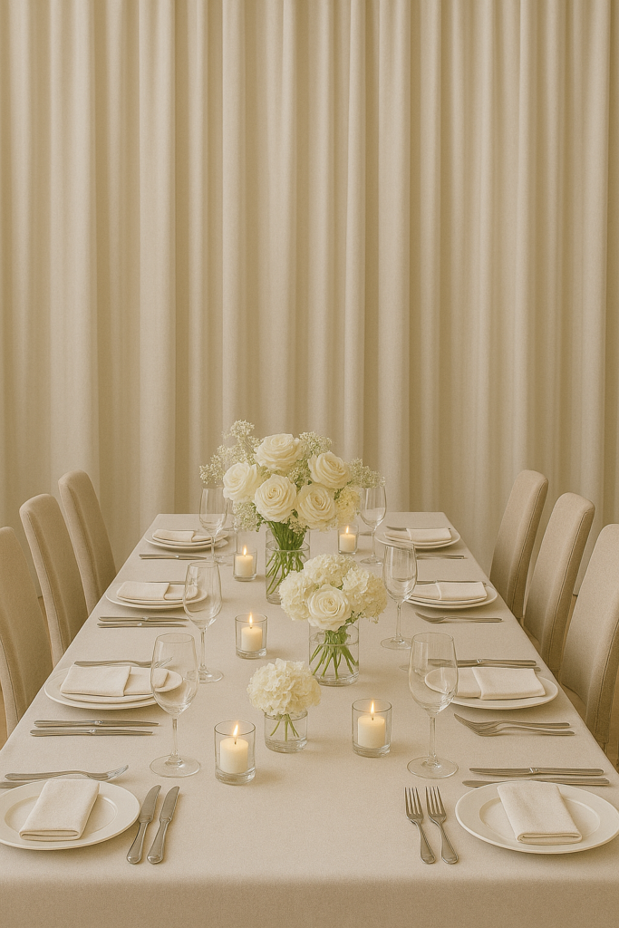 A long elegant dining table dressed in soft neutral tones inspired by Pantone Cloud Dancer. The table is set with white plates, folded napkins, polished cutlery, and clear glassware. Clusters of white roses and hydrangeas sit in small glass vases, surrounded by glowing votive candles. Neutral upholstered chairs line both sides of the table against a backdrop of floor to ceiling draped fabric, creating a calm and refined atmosphere.