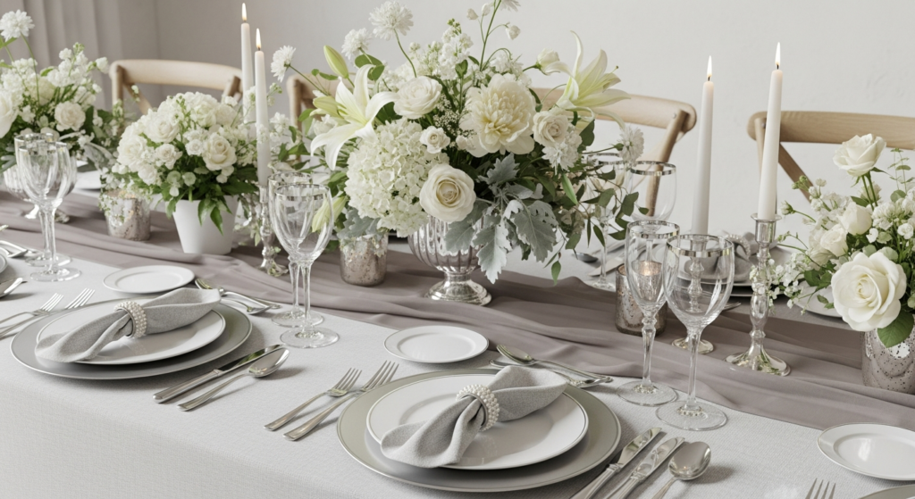 Elegant wedding tablescape with white and ivory floral arrangements, tall taper candles, crystal glassware and silver rimmed plates, styled with soft grey napkins and a flowing grey table runner for a refined and modern look.
