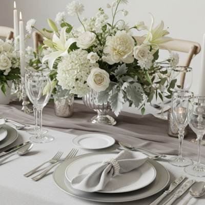 Elegant wedding tablescape with white and ivory floral arrangements, tall taper candles, crystal glassware and silver rimmed plates, styled with soft grey napkins and a flowing grey table runner for a refined and modern look.