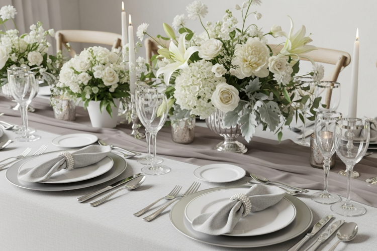 Elegant wedding tablescape with white and ivory floral arrangements, tall taper candles, crystal glassware and silver rimmed plates, styled with soft grey napkins and a flowing grey table runner for a refined and modern look.