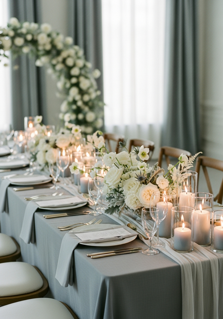 Long wedding reception table styled with soft grey linens, white floral centrepieces, and rows of glowing pillar candles in glass holders, with a backdrop of a white flower arch and flowing curtains creating a romantic and refined atmosphere.