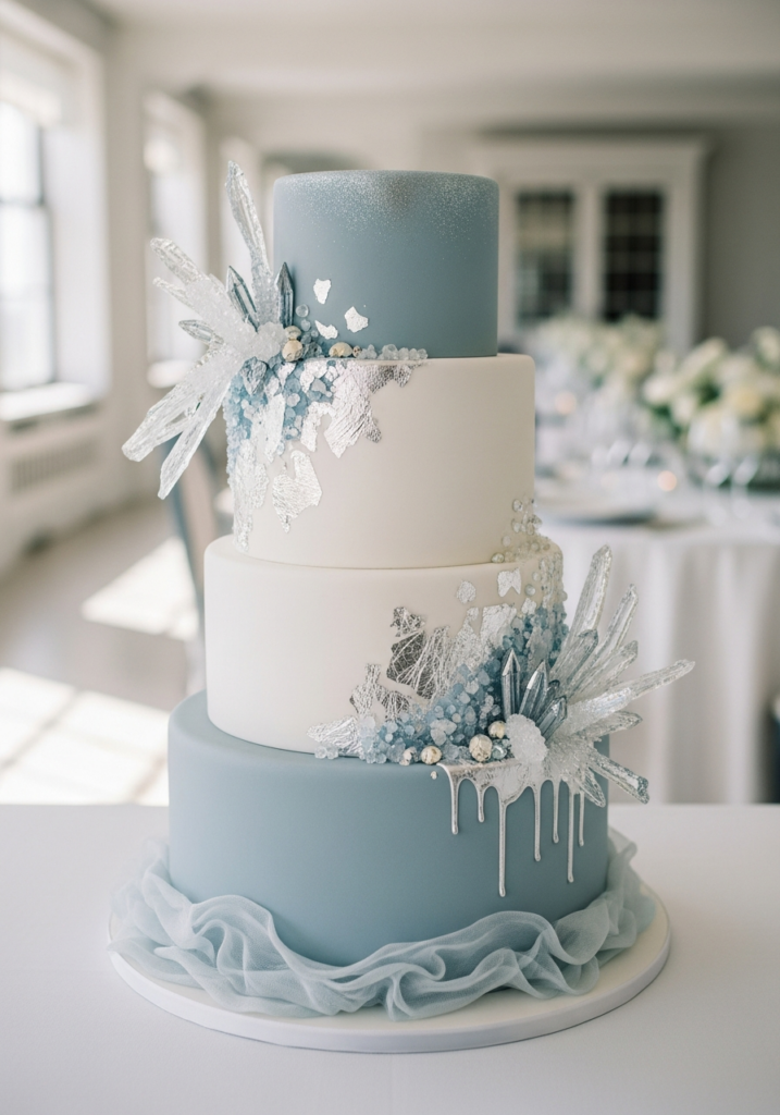 Four tier blue and white wedding cake decorated with silver leaf, sugar crystals and icicle inspired embellishments, finished with soft ruffled tulle at the base, styled in a bright elegant reception room.