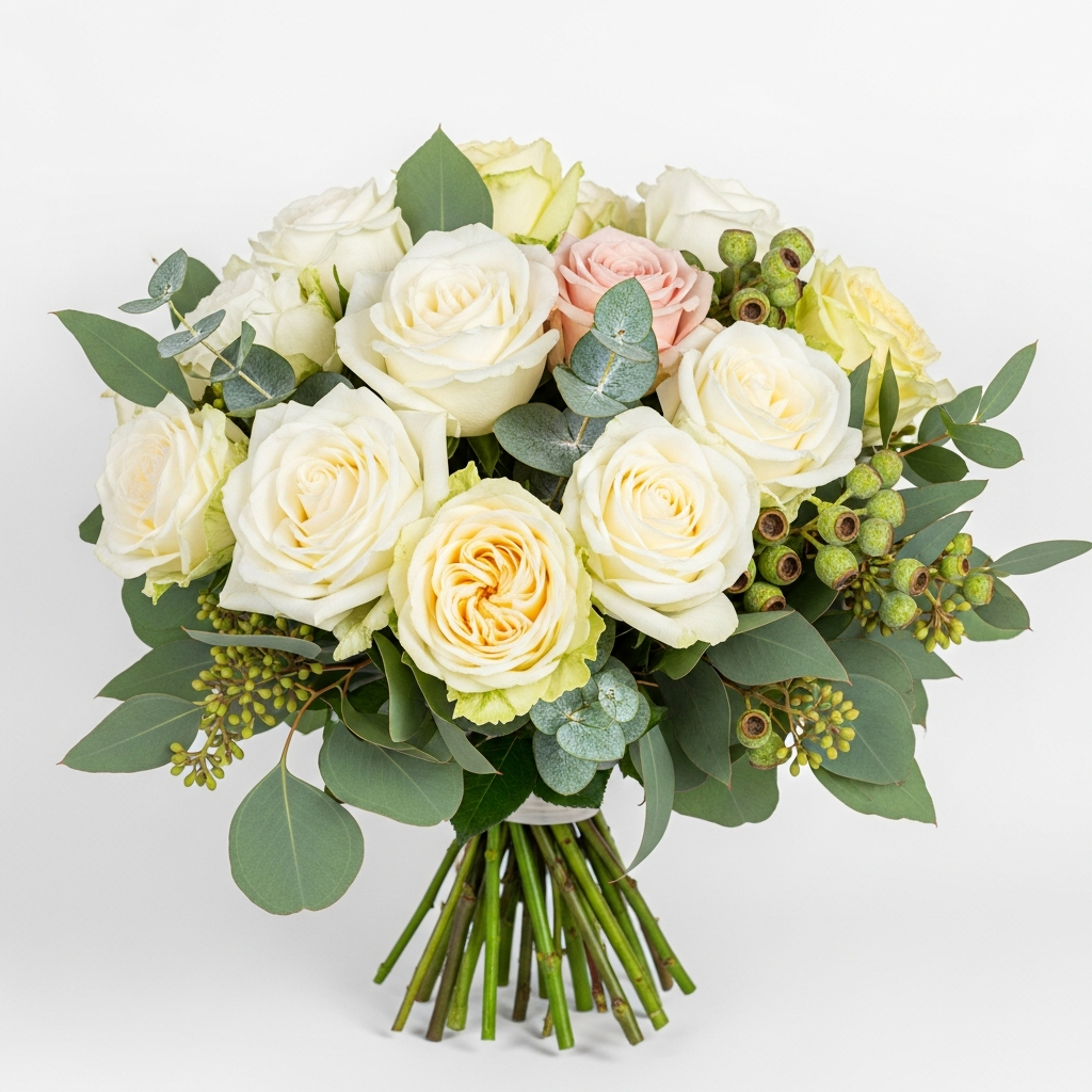 Hand tied bouquet of cream and pale yellow roses with a single blush rose, mixed eucalyptus foliage and berry clusters, arranged in a loose natural style against a white background.