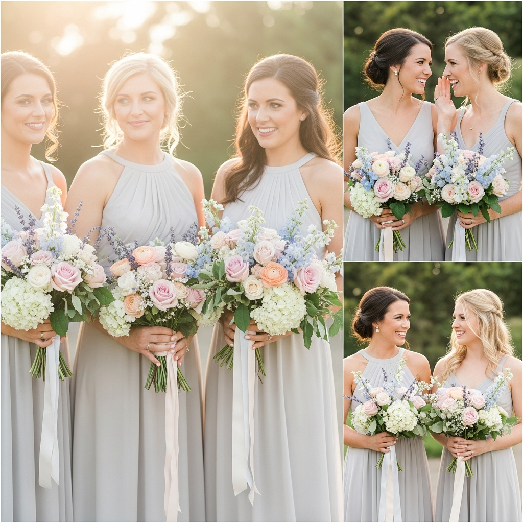 Collage of bridesmaids in soft grey dresses holding pastel bouquets of roses, hydrangeas and delphiniums. The main image shows three bridesmaids smiling in golden sunlight, while the smaller images capture pairs of bridesmaids laughing and chatting, all set against a natural outdoor backdrop.