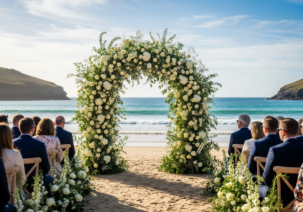 Outdoor beach wedding ceremony with guests seated on the sand facing a large floral arch made of white and cream blooms, set against turquoise waves and a clear blue sky with coastal cliffs in the background.
