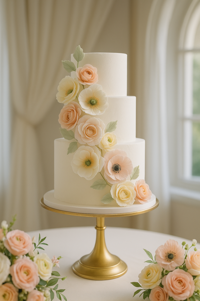 Three tier white wedding cake decorated with delicate pastel sugar flowers in soft peach, blush and cream tones, displayed on a gold stand with matching floral arrangements around the base in an elegant light filled venue.