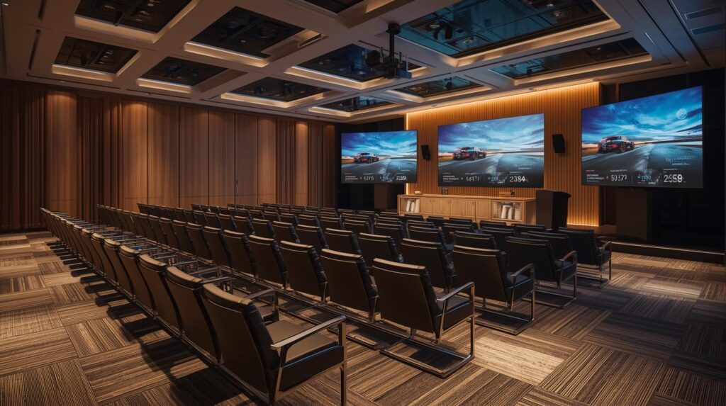A hyperrealistic photograph capturing a modern corporate conference room situated in Cornwall, featuring polished seating arrangements, sophisticated stage lighting casting a warm glow, and large, high-definition presentation screens displaying sleek graphics.