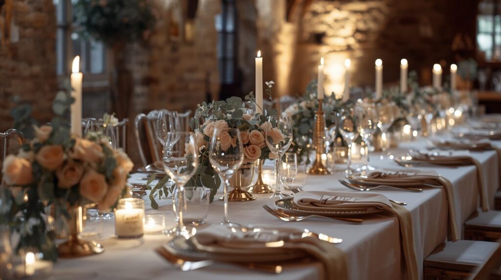 A hyperrealistic, meticulously styled wedding table setup in a rustic Devon venue, bathed in soft, warm ambient lighting that highlights the elegant décor. The table features a pristine white tablecloth, adorned with delicate floral centerpieces of blush roses and eucalyptus. Fine china, sparkling glassware, and polished silverware are arranged with precision, complemented by subtle candlelight and luxurious linen napkins. The background hints at the venue's charm, with natural stone or exposed beams softly illuminated, creating an atmosphere of sophisticated romance.