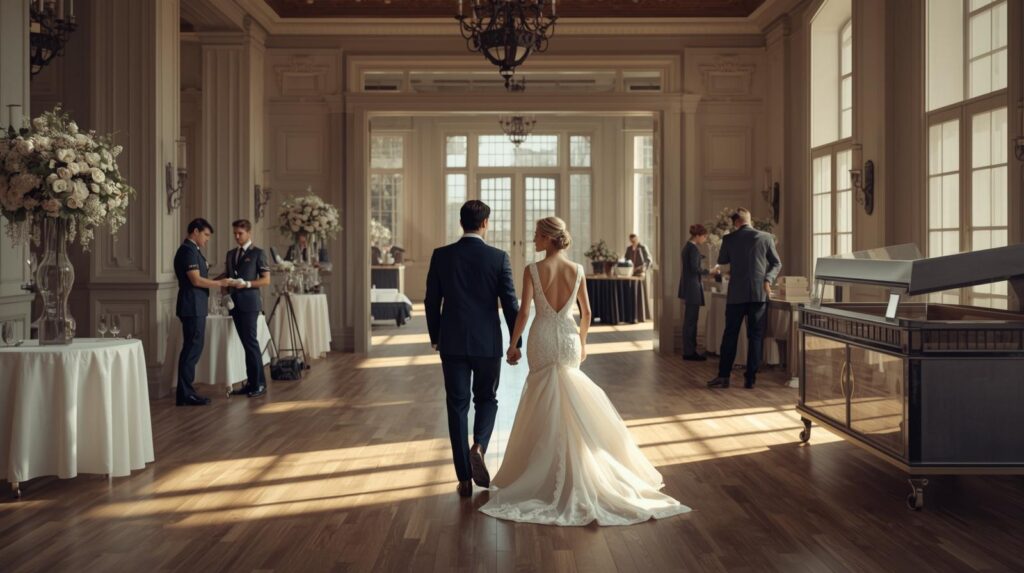 A hyperrealistic, wide-angle photograph captures a wedding couple gracefully walking through their elegantly decorated venue, bathed in soft, natural light. Behind them, discreetly in the background, wedding suppliers are engaged in their tasks—florists arranging bouquets, caterers setting up food stations, and lighting technicians adjusting fixtures—all rendered with meticulous detail, emphasizing the quiet anticipation and behind-the-scenes preparations. The aesthetic is one of sophisticated realism, with a balanced color palette highlighting the venue's architecture and the couple's attire.